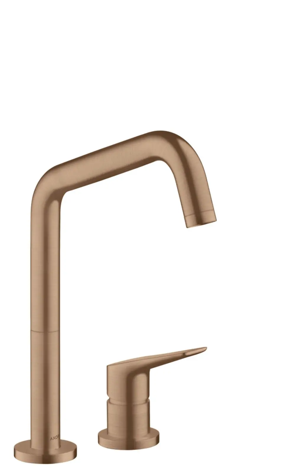 Küchenmischer von AXOR mit zwei Löchern und einem schwenkbaren Auslauf in Brushed Red Gold, kombiniert mit einem separaten Hebel für die Wassersteuerung.